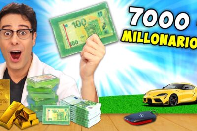 Hombre sorprendido sosteniendo una pastilla verde con un billete de 100 euros, pilas de billetes, lingotes de oro y un coche deportivo amarillo 6Zw0FsUbqpM