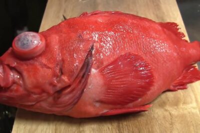 Pescado rojo entero con ojo prominente sobre una tabla de madera 7nCBaxmxlhU