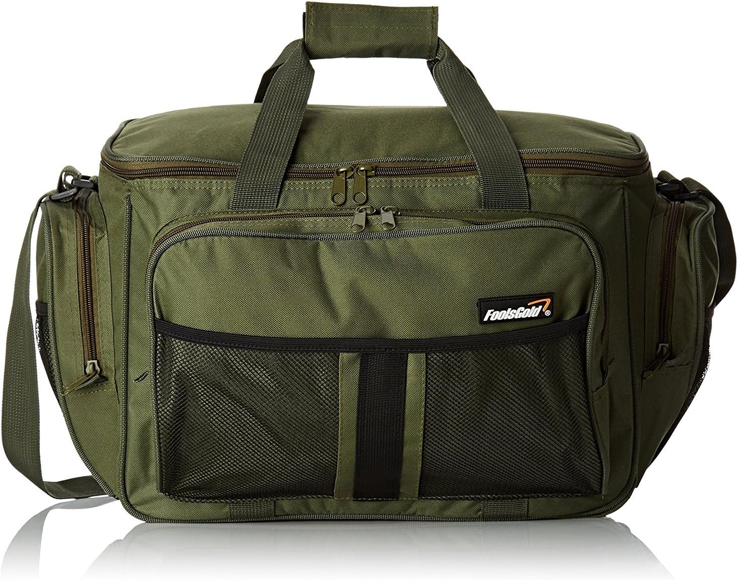 Bolsa térmica verde oliva con asa superior, correa ajustable y bolsillos exteriores