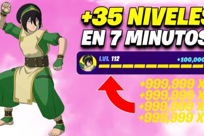 Personaje animado con ropa verde junto a una barra de nivel, flecha roja y texto '+35 NIVELES EN 7 MINUTOS' sobre fondo rosa