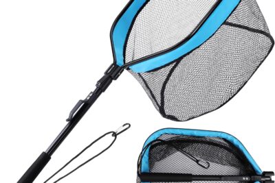 Red de pesca plegable con aro azul, malla negra y mango telescópico antideslizante 913p 1A4toL. AC SL1500