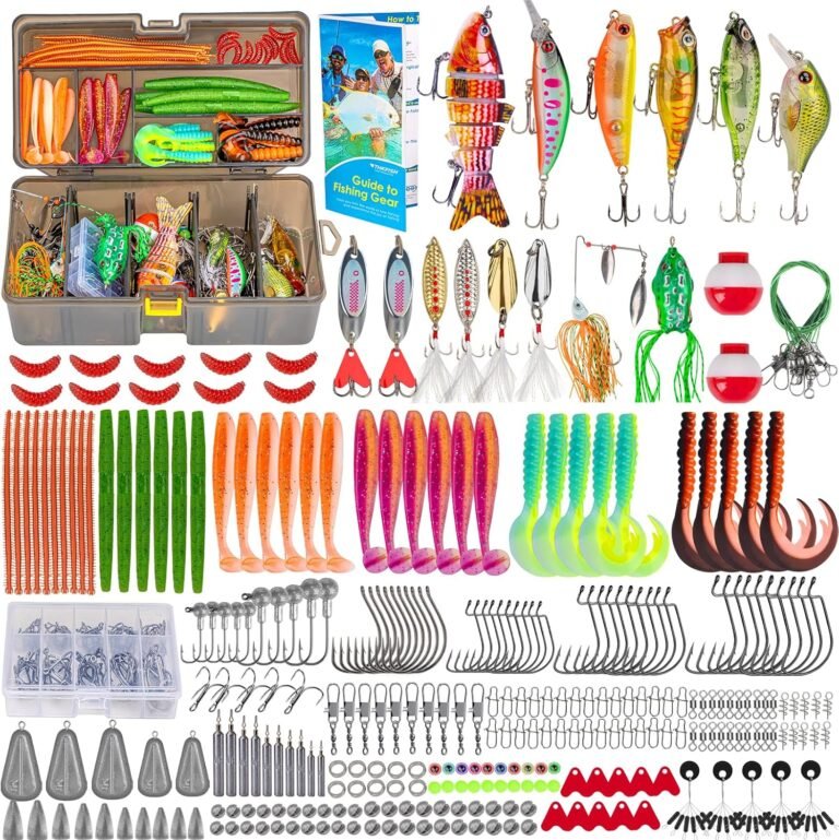 THKFISH Juego de señuelos de pesca con caja de aparejos, juego de 403 señuelos de pesca para agua dulce y salada, accesorios de pesca, peces de goma, cebos para truchas, lucioperca, anzuelo, juego