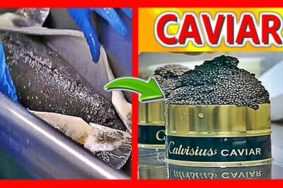 Manos con guantes extrayendo huevas de pescado y latas de caviar Calvisius listas para envasar