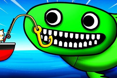 Monstruo marino verde sonriente con un anzuelo frente a un gato pescador AbkMD wZ0AM