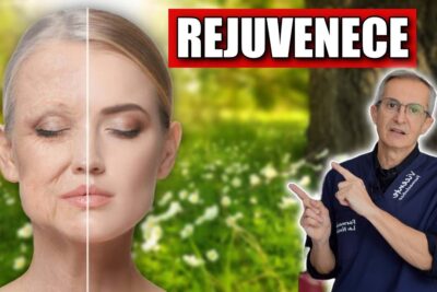 Rostro dividido mostrando mitad envejecida y mitad rejuvenecida con médico señalando y texto REJUVENECE Armg77Ar4SY