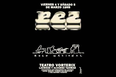 Cartel de concierto de PEZ en fondo negro con logo plateado y siluetas de banda en vivo B ftz6PDBLY