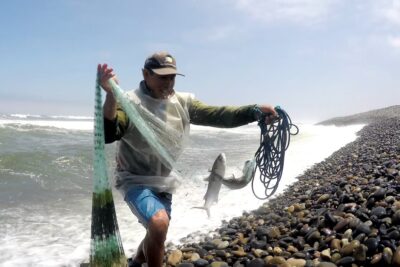 Pescador en la orilla recogiendo una red con un pez atrapado ByN2Z62eSrA