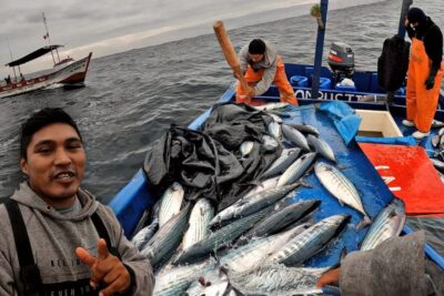 Pescadores en un bote con abundante captura de peces sobre la cubierta CAuKekTlyZs