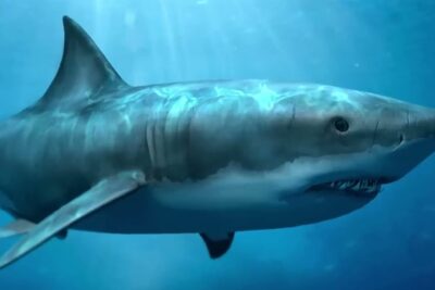 Tiburón blanco nadando en aguas azules con luz solar filtrada, DeVHRc1yNNU