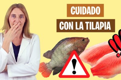 Mujer con bata blanca con gesto de sorpresa junto a una tilapia, filetes y un símbolo de advertencia Hm2MIAaaauk