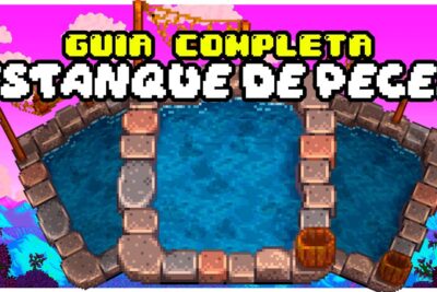 Estanque de peces en pixel art con borde de piedra, barriles y cielo rosa IWM7H 9S1dI