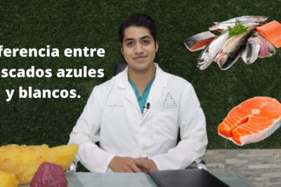 Persona con bata blanca sentada frente a un fondo verde con texto sobre la diferencia entre pescados azules y blancos y varias piezas de pescado J AGjHI4kA 9