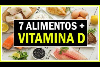 Composición de alimentos como salmón, huevos, pollo, filete y legumbres con texto sobre vitamina D