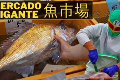 Gran pescado dorado en bandeja y un trabajador enmascarado fileteando con guantes en la lonja Om6DbtiiFdU
