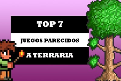 Banner pixel art que anuncia 'Top 7 juegos parecidos a Terraria' con personaje sosteniendo una antorcha y un árbol, QAsuoDpiSVk