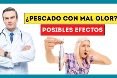 Mujer tapándose la nariz sosteniendo un pescado maloliente junto a un médico y carteles que dicen ¿PESCADO CON MAL OLOR? POSIBLES EFECTOS QOX1dOil7bk