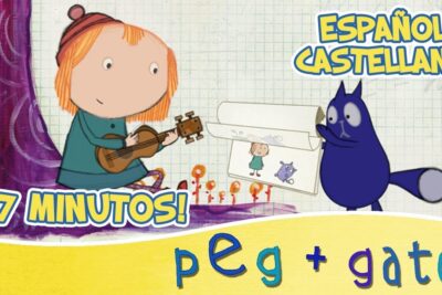 Niña con guitarra sentada junto a un gato morado que muestra un libro de dibujos, estilo dibujo animado QdDpmh4wuuY