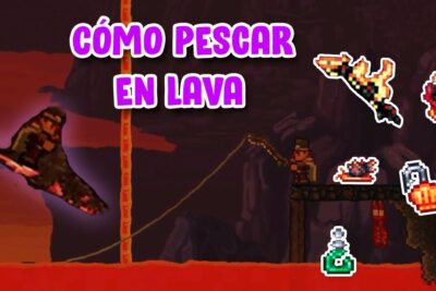 Personaje pixelado pescando sobre lava con iconos de objetos y título grande RW29Hak Znc