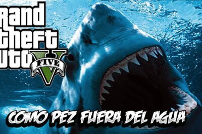 Tiburón blanco abriendo la boca en escena submarina con logo de GTA V Rn0 0ouRtx4