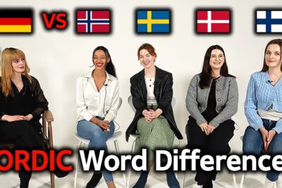Cinco mujeres sentadas frente a banderas de Alemania, Noruega, Suecia, Dinamarca y Finlandia discuten diferencias de palabras SHJfTpJnzRU.