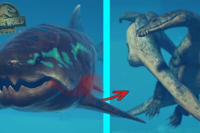 Escena submarina SxFgpo2p2ug mostrando un tiburón prehistórico con manchas verdes y un reptil marino de cuello largo en contraste
