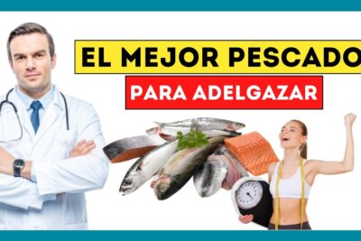Cartel con doctor, varios pescados como salmón y trucha, y mujer feliz con báscula y cinta métrica que promociona TMDJ 0PHeo.
