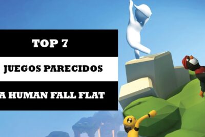 Cartel con texto 'TOP 7 JUEGOS PARECIDOS A HUMAN FALL FLAT' y personajes cómicos trepando rocas bajo un cielo azul TcwAzA8pRsI