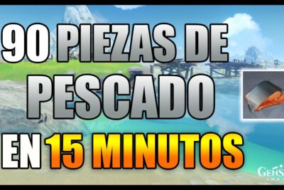 Miniatura con texto grande '90 piezas de pescado en 15 minutos', icono de pescado y paisaje costero de Genshin Impact