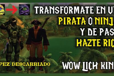 Miniatura de WoW Lich King con dos personajes, uno pirata y otro ninja, sobre isla tropical y texto promocional UPo9p07z7IU.