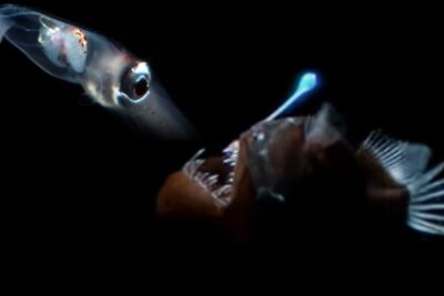 Pez rape abisal mostrando su anzuelo bioluminiscente frente a un calamar translúcido en fondo negro UXl8F eIoiM