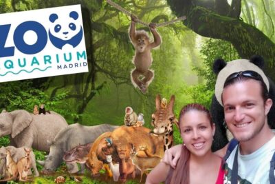 Pareja sonriente en selfie frente a un collage de animales y el logo del Zoo Aquarium Madrid Wa4hpFhSMzg