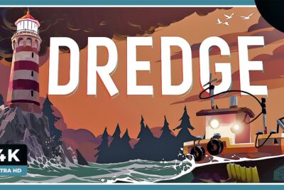 Ilustración estilizada de un faro en acantilado y un barco en mar agitado con el texto DREDGE YLQBQpDD2Q4