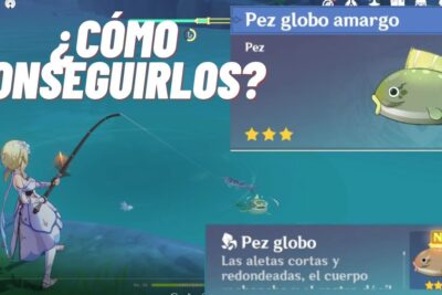 Personaje pescando en la orilla con la pantalla mostrando un Pez globo amargo y su ficha