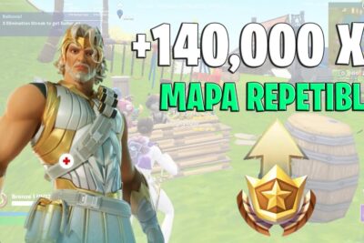 Miniatura de Fortnite con skin dorada, icono de progreso y texto +140,000 XP mapa repetible aExdjwnNejc