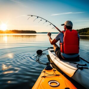Pescador en kayak al amanecer con chaleco, remo y caña, accesorios esenciales para pescar en kayak