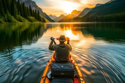 Pescador en kayak naranja al atardecer con equipo asegurado en la cubierta, accesorios kayak pesca mejores opciones