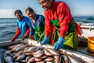 Tres mujeres en un bote descargan y clasifican una gran captura de peces, acuicultura comunidades costeras beneficios desafios.
