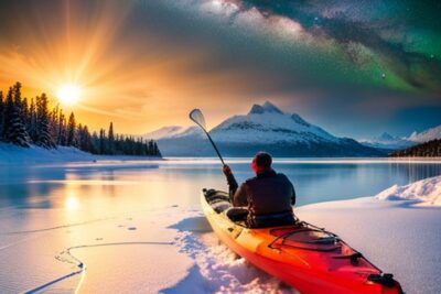 Kayak rojo en la orilla nevada con persona remando frente a un lago y montañas al atardecer — almacenamiento seguro kayak pesca consejos temporada.