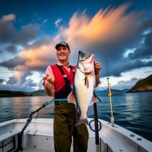 Pescador en barco sosteniendo un gran pez al atardecer, recordatorio de las amenazas pesca sostenible evitar.