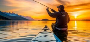 Pescador en kayak al atardecer enseñando anzuelos adecuados pesca kayak elegir correctamente mientras lanza la caña sobre agua tranquila.