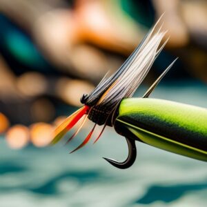 Mosca de pesca atada con cuerpo verde y fibras rojas en un anzuelo brillante, ilustración para anzuelos pesca mosca agua salada guia completa.