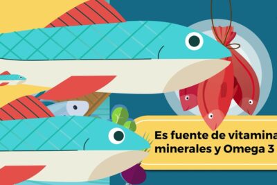 CNqdcK2mDI0 - Ilustración colorida de peces: fuente de Omega 3 y vitaminas con peces estilizados y un rótulo informativo.