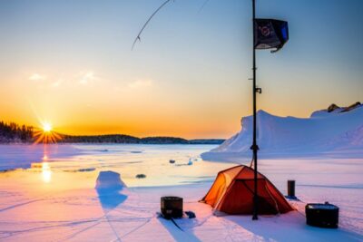 Campamento y equipo de pesca en hielo al amanecer que refleja cambios significativos pesca hielo tendencias beneficios.