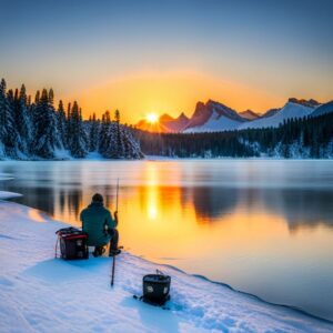 Pescador sentado sobre la nieve junto a un lago montañoso al amanecer con equipo de pesca canas pesca hielo guia completa recomendaciones