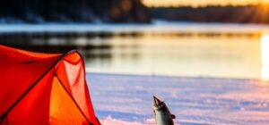 Pez capturado junto a una tienda roja sobre el hielo, carnada pesca hielo atrapa peces mejor opcion