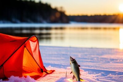 Pez capturado junto a una tienda roja sobre el hielo, carnada pesca hielo atrapa peces mejor opcion