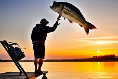 Pescador en un muelle al atardecer sosteniendo un gran bass, cebos naturales para bass descubre mejores efectivos.