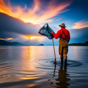 Pescador en aguas poco profundas al atardecer con red de mano, representando certificaciones pesca sostenible necesarias
