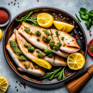 Plato de filetes de pescado dorados con limón, hierbas y especias que ilustra como agregar sabor pescado pesca hielo consejos trucos.
