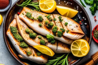 Plato de filetes de pescado dorados con limón, hierbas y especias que ilustra como agregar sabor pescado pesca hielo consejos trucos.